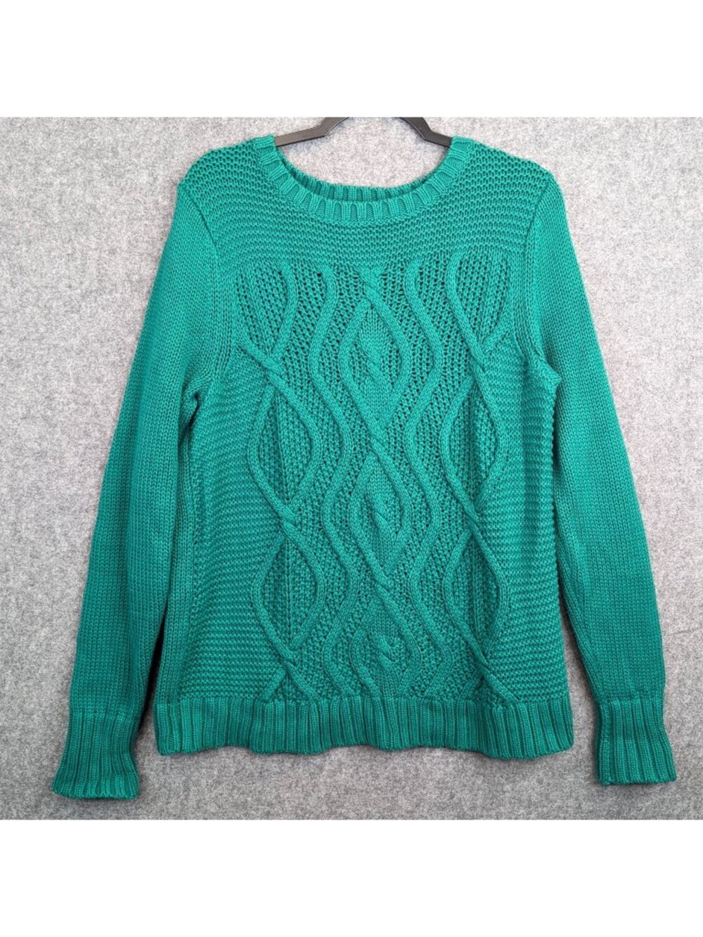 Lands End Drifter Cable Knit Sweater Green Long Sleeve Womens L 14-16 Cotton
